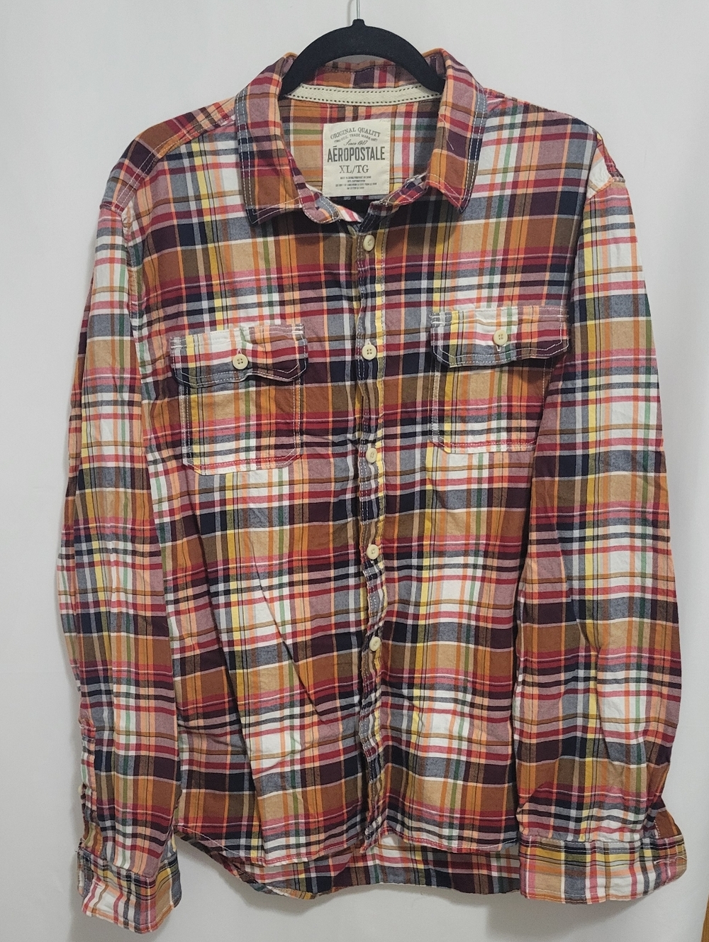 Aeropostale Multicolor Plaid Button-Up Shirt with Mustard & Burgundy Accents. XL